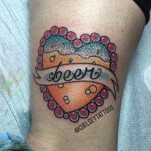 Beer = true love. Tattoo by Chelsey Hamilton. #traditional #girly #heart #decorative #beer #banner #lettering #ChelseyHamilton