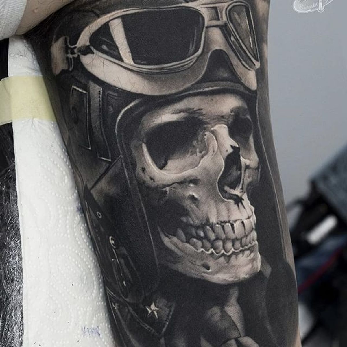 Tattoo uploaded by Tattoodo • Black and grey skull realism by Sergey  Butenko #SergeyButenko #blackandgrey #skull #pilot #aviator #realism  #tattoooftheday • Tattoodo