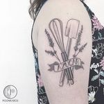Fine line tattoo of chef tools by Karry Ka-Ying Poon. #KarryKaYingPoon #Poonkaros #fineline #blackandgrey #pointillism #chef #linework