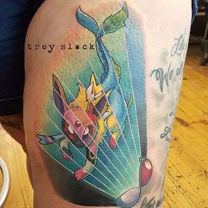 Eeevee tattoo by Troy Slack. #pokemon #eevee #cute #critter #anime #videogames #kawaii #TroySlack