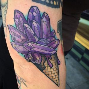 Amethyst crystals ice cream tattoo by Christina Hock, photo: Instagram #crystal #crystalcluster #ChristinaHock #icecream #amethyst