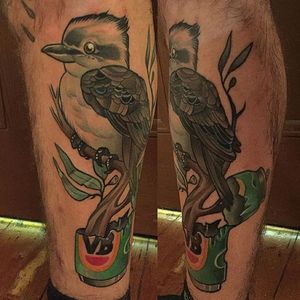 Kookaburra perched on a branch growing out of a beer can. Nothing could be more Australian. Tattoo by Jack Douglas. #newschool #JackDouglas #bird #kookaburra #beer #beercan #Australia