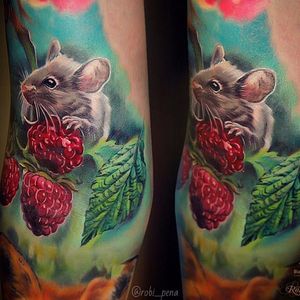 Cute little mouse perched on a raspberry branch. By Robi Pena. #raspberry #fruit #mouse #RobiPena #realism #colorrealism