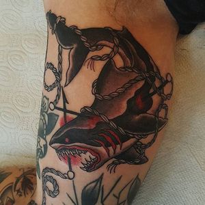 Shark Tattoo by Jesper Jørgensen #shark #sharktattoo #traditional #traditionaltattoo #oldschool #oldschooltattoo #darkart #darktraditional #JesperJorgensen