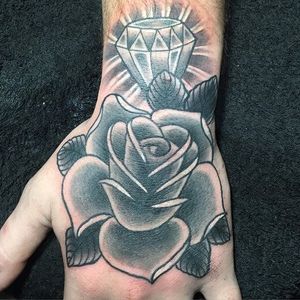 Amazing black and grey flower and diamond piece, by Joel Kelly #JoelKelly #diamondtattoo #blackandgrey #diamond #rose rosetattoo
