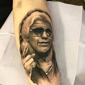 A smiling Ric Flair black and grey portrait tattoo by Deran Hall. #RicFlair #wrestling #blackandgrey #realism #portrait #blackandgreyrealism #DeranHall