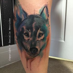 Watercolor wolf tattoo by Danielle Merricks. #wolf #watercolor #inksplatter #brushstroke #DanielleMerricks #animal