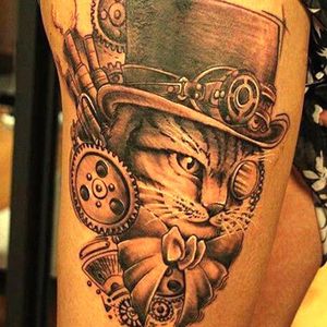 Great linework in this steampunk kitty tattoo Photo from Pinterest by unknown artist #steampunk #victorian #scifi #vintage #futuristic #cat #blackandgrey
