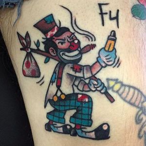 Smoking Hobo Clown Tattoo by Pancho #PanchosPlacas #Oldschool #Traditional #Clowntattoo #hoboclown #clown #smoking