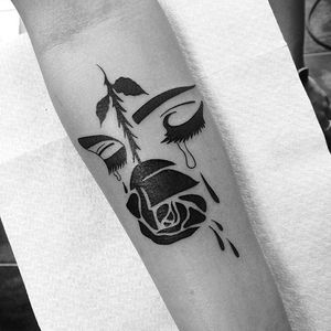 Sad girl tattoo by Emiliano Mataleao. #blackwork #sad #sadgirl #sadgirlclub #subculture #rose #tears #cry