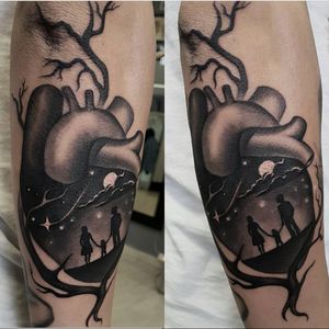 One of Gabriele Pais' (IG—gabripais) signature heart silhouette tattoos. #blackandgrey #family #GabrielePais #heart #landscape #silhouette