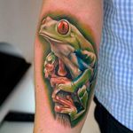 Cool frog forearm tattoo. #SandraDaukshta #frog #frogtattoo