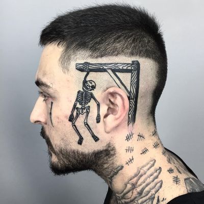 Hang man tattoo by Paul Hill #PaulHill #darkarttattoos #linework #traditional #hangman #illustrative #skull #skeleton #death #hanging #noose #rope #bones #tattoooftheday