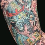 Tattoo by Wendy Pham #WendyPham #TaikoGallery #WenRamen #newtraditional #color #Japanese #mashup #lobster #sushi #chef #foodtattoo #sashimi #cook #waves #spices #oceanlife