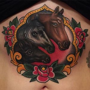 A lovely take on the classic three broncos bordered by gold-leafing tattoo by Becca Genné-Bacon (IG—beccagennebacon). #bangers #BeccaGennéBacon #broncos #horses #traditional