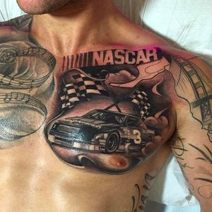 NASCAR chest piece by Nate Rodoni (via IG -- trueambitionartco) #naterodoni #nascar #nascartattoo