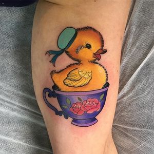 Little duck in a teacup. Tattoo by Kitty Dearest. #neotraditional #teacup #duck #cute #KittyDearest