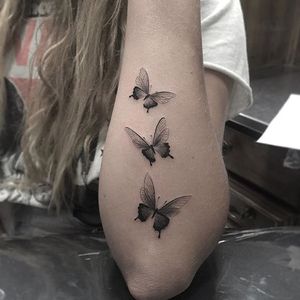 Butterfly micro tattoo by Isaiah Negrete. #IsaiahNegrete #blackandgrey #fineline #microtattoo #butterfly