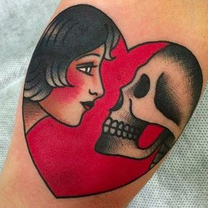 Skull andGirl Tattoo by La Dolores @LaDoloresTattoo #Ladolorestattoo #Traditional #Black #Red #Girl #Lady #Vintage #Madrid #Spain #Skull #Heart