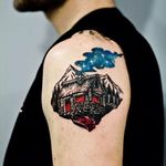 House on the mountains Watercolor Tattoo by Martyna Popiel @Martyna_Popiel #MartynaPopiel #Watercolor #Watercolortattoo #scenetattoo #scenery #house #mountain
