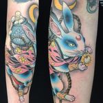 Tattoo by Wendy Pham #WendyPham #TaikoGallery #WenRamen #newtraditional #color #Japanese #mashup #bunny #rabbit #animal #flowers #floral #moon #kimono #riceballs #vase #rope