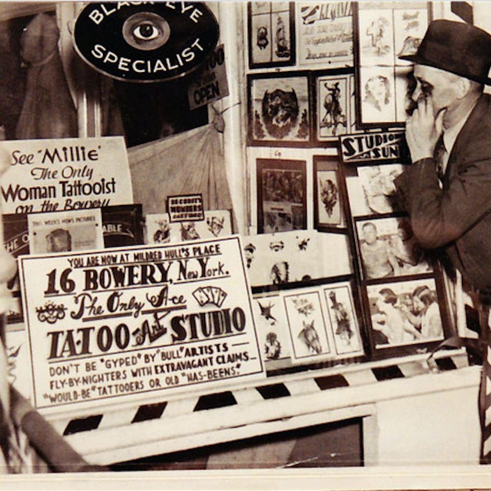 Millie Hull's Tattoo Emporium shop front (via The Tattoo Archive) #milliehull #history #NYC #daredeviltattoo #museum