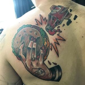 Cheeseburger and ketchup bomber tattoo by Latricia Horstman. #neotraditional #burger #cheeseburger #hand #ketchup #LatriciaHorstman