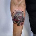 There has to be a cool backstory to this tractor tattoo by Konstantinos Dovas. (Via IG - dovastattooligans) #sports #PanosManaras #BMX #popculture #bikes #tribute #tractor