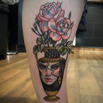 Lovely roses tattoo by Hannah Flowers #HannahFlowers #planttattoos #color #neotraditional #flowers #roses #leaves #plant #nature #vase #portrait #lady #ladyhead #jewelry #eyes #lips #pattern #artdeco #tattoooftheday