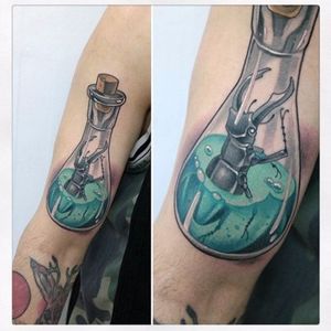 Beetle tattoo by Gianpiero Cavaliere #GianpieroCavaliere #newschool #turquoise #beetle #bottle