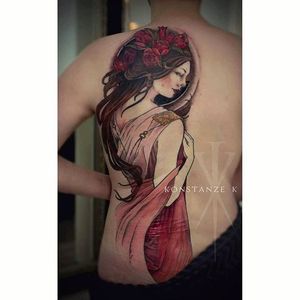 Beautiful girl back tattoo done by Konstanze K. #KonstanzeK #illustrativetattoos #woman #rose #red #pink