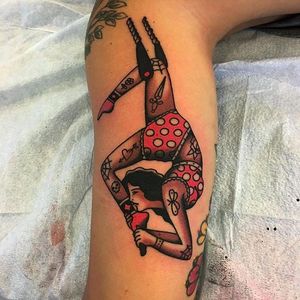 Acrobat Woman Tattoo by Ivan Antonyshev #IvanAntonyshev #Traditional #Girl #Woman #Rose #Mainstaytattoo #Austin #traditionalwoman