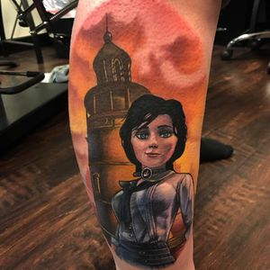 A color portrait of Elizabeth in front of the lighthouse from BioShock Danny Elliott (IG—dannyelliott_ink). #2K #DannyElliott #BioShock #Elizabeth #portraiture #videogametattoos