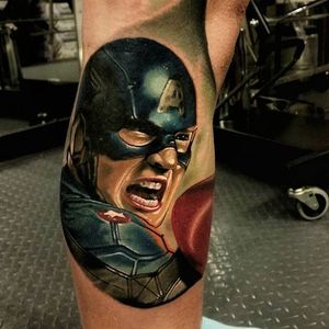 Captain America Tattoo by Christopher Bettley #CaptainAmerica #Portrait #PortraitTattoos #ColorPortraits #PortraitRealism #ChristopherBettley