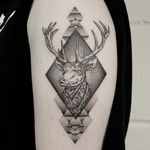 Hand poked and electric machine geometric stag tattoo by Oliver Whiting. #blackwork #dotwork #handpoked #stag #geometric #antlers #OliverWhiting