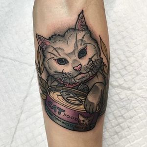 Cat tattoo by Swan. #Swan #SwanTattooer #neotraditional #neotrad #cat #catfood #feline