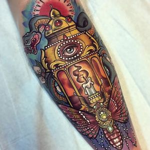 Neotraditional lantern by Johnny Smith #JohnnySmith #color #neotraditional #lantern #candle #moth #eye #snake #tattoooftheday