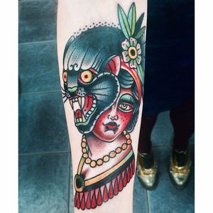 Panther portrait tattoo by Mario Teide. #MarioTeide #americantraditional #bizarre #weird #unconventional #traditional #panther #woman #portrait