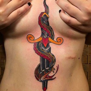 Neotraditional tattoo by Taco Joe  #sword #dagger #snake #heart #neotraditional #tattoo by #TacoJoe