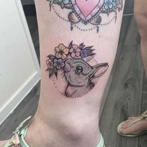 Bunny and flowers tattoo by Aimee Bray. #rabbit #bunny #flowers #neotraditional #AimeeBray