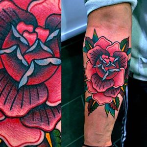 A really solid and beautiful rose tattoo done by Chris Papadakis. #ChrisPapadakis #traditionaltattoo #rose