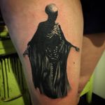 A ghastly depiction of a dementor by Joshua Dean Vaughn (IG—jvaughntattoo). #blackandgrey #dementor #HarryPotter #JoshuaDeanVaughn