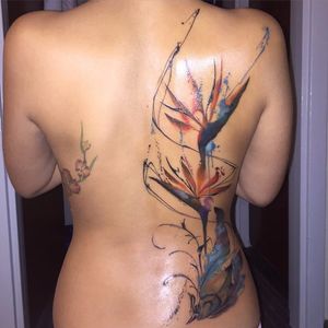 This bird of paradise back tattoo is a real piece of art. By Jay Freestyle. #birdofparadise #craneflower #flower #watercolor #abstract #JayFreestyle