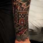Castle tattoo by Paul Dobleman #PaulDobleman #architecturetattoos #color #traditional #castle #building #tower #clouds #coincloud #star #mountain #medieval #stairway #stairs #tattoooftheday