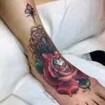 Rose and diamond tattoo by Jenna Kerr #JennaKerr #rosetattoos #color #newtraditional #ornamental #linework #filigree #rose #flower #leaves #floral #nature #diamond #jewel #sparkles #crystal #tattoooftheday