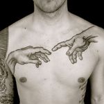 Dotwork Michelangelo hands tattoo by Adam Sage #AdamSage #michelangelohands #michelangelo #sistinechapel #creationofadam #adam #god #hands #fineart #painting #art #dotwork