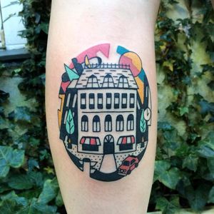 Wouldn't you like to live here? Tattoo by Luca Font (Via IG - lucafont) #LucaFont #art #abstract #cubism #fineart #surrealism #car #house #pastel