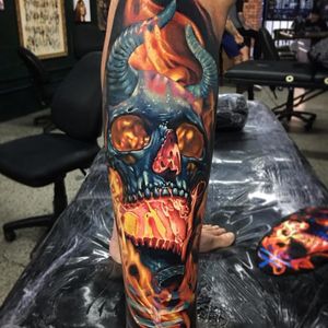 Hell fire tattoo by Ben Kaye #BenKaye #darkarttattoos #realism #realistic #hyperrealism #skull #bones #death #hell #fire #burning #burn #horns #satan #demon #devil #ghoul #tattoooftheday