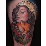 Fox and crying lady tattoo by Maija Arminen. #realism #colorrealism #MaijaArminen #flowers #fox #lady #woman