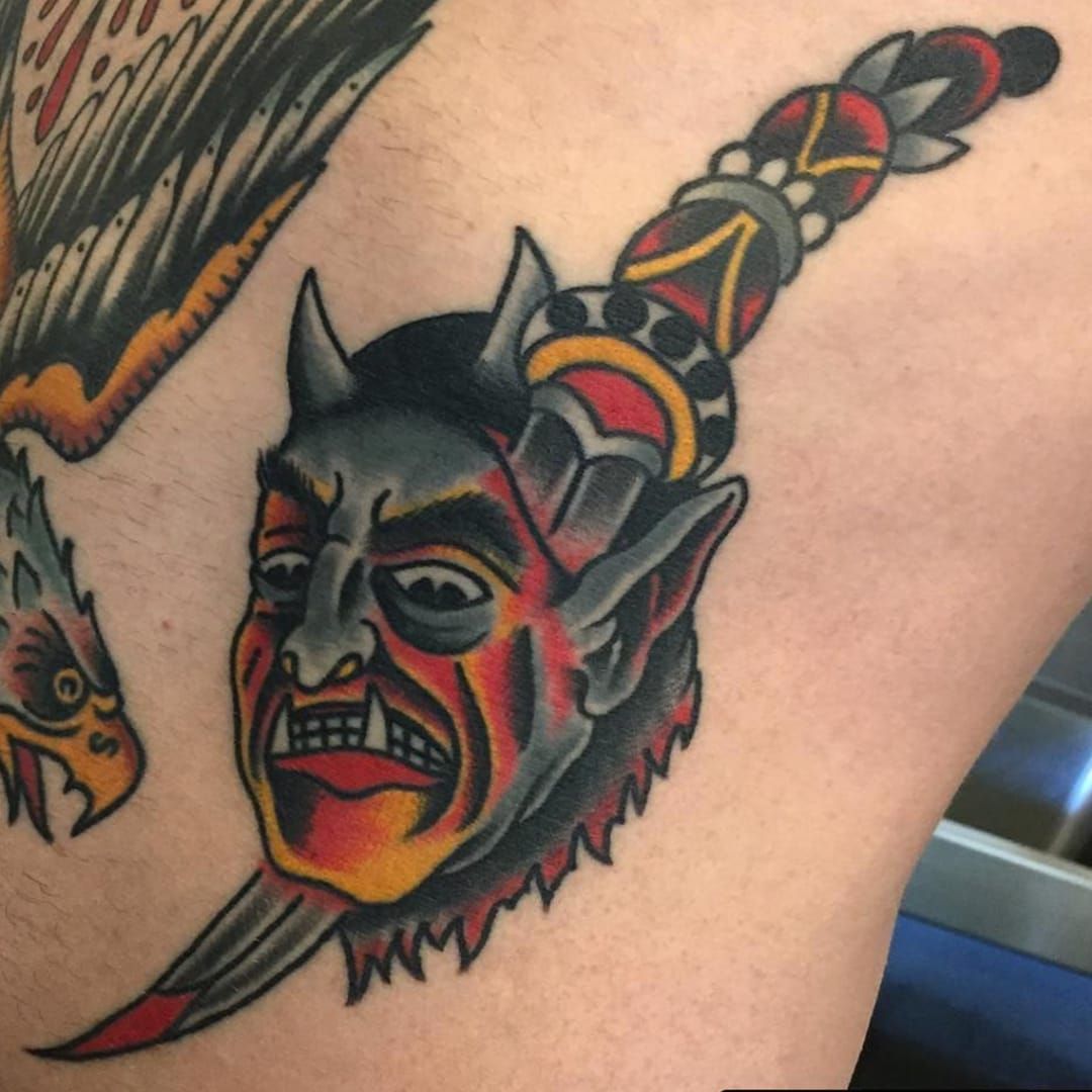 Line work of traditional devil head done by Charles Russ  Seattle Tattoo  Emporium in Seattle WA  rtattoos